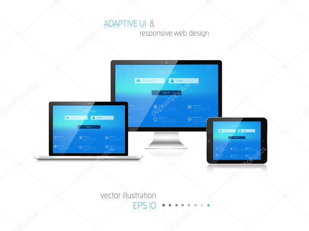 Responsive web design. Adaptive user interface. Digital devises. Laptop, tablet, monitor, smartphone. Web site template concept.