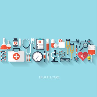 Flat health care and medical research background. Healthcare system concept. Medicine and chemical engineering. clipart