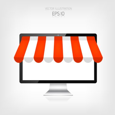 Internet alışveriş kavramı. Gerçekçi monitör, kişisel bilgisayar. E-ticaret. Online mağaza. Web para ve ödemeler. Tıklama başına ödeme.