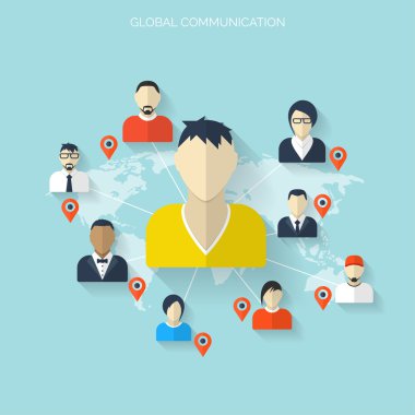 Düz sosyal medya ve ağ kavramı. İş geçmişi, küresel iletişim. Web sitesi profil avatarları. İnsanlar arasındaki bağlantı. Harita-Forum.