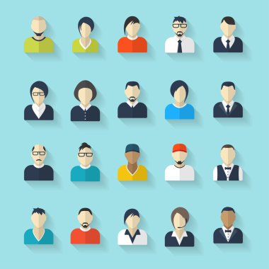 Düz avatar simgeleri. İş kavramı, küresel iletişim. Web sitesi kullanıcı profili. Sosyal medya, ağ öğeleri.