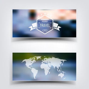 Bulanık manzara arka plan kartı. Seyahat kavramı eart harita ile. Hareket eden ya da web kullanıcı arabirimi öğesi. Web sitesi başlığı.
