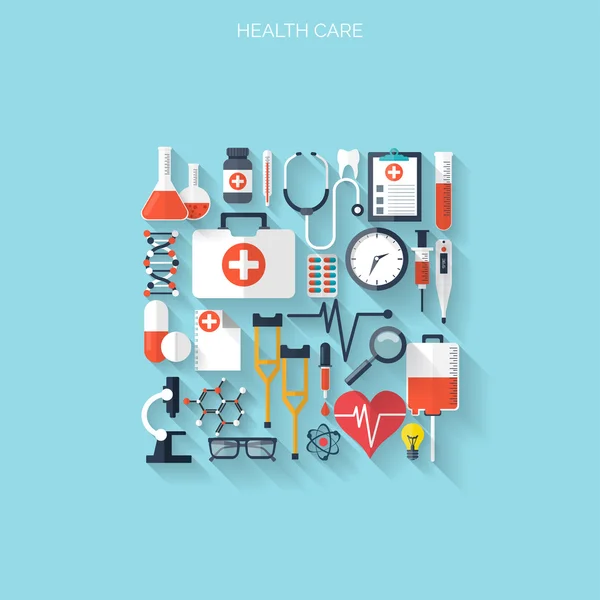 Flache Gesundheitsversorgung und medizinische Forschung Hintergrund. Gesundheitssystemkonzept. Medizin und Chemie. — Stockvektor