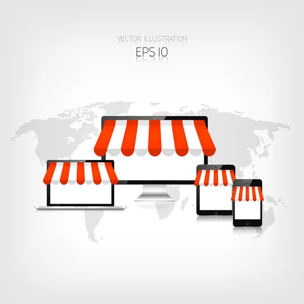 Concepto de compras por Internet. Tablet realista, smartphone, laptop y monitor. Comercio electrónico. Tienda online. Dinero web y pagos. Pago por clic . — Vector de stock