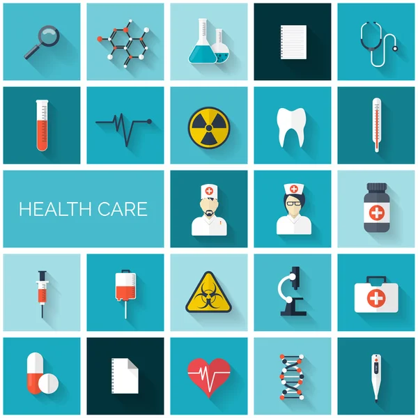 Flat health care and medical research icon set. Healthcare system concept. Medicine and chemical engineering.  First aid and diagnostic equipment.