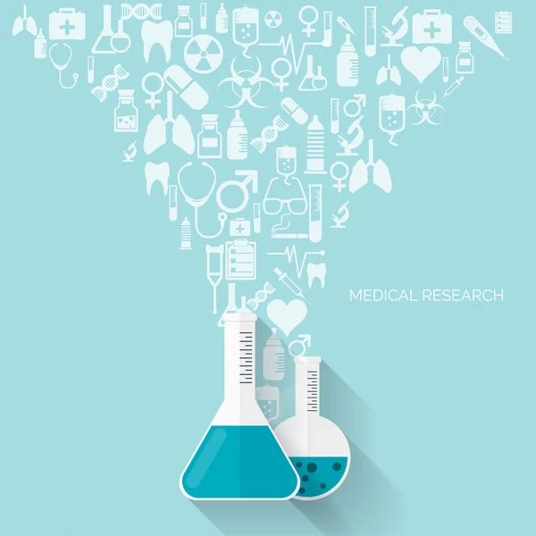 フラット ヘルスケアと医療研究の背景。医療システムの概念。医学と化学工学。最初の援助と診断装置. — ストックベクタ