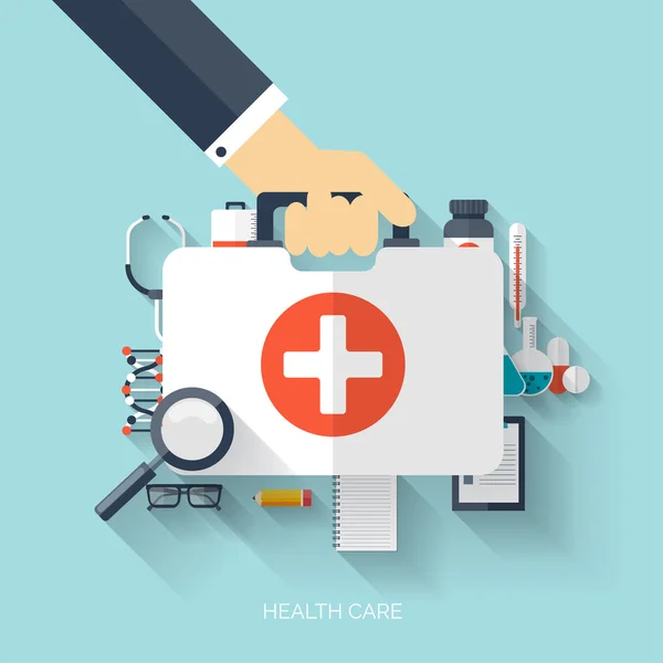 Flat health care and medical research background. Healthcare system concept. Medicine and chemical engineering.  First aid and diagnostic equipment. — Stock Vector