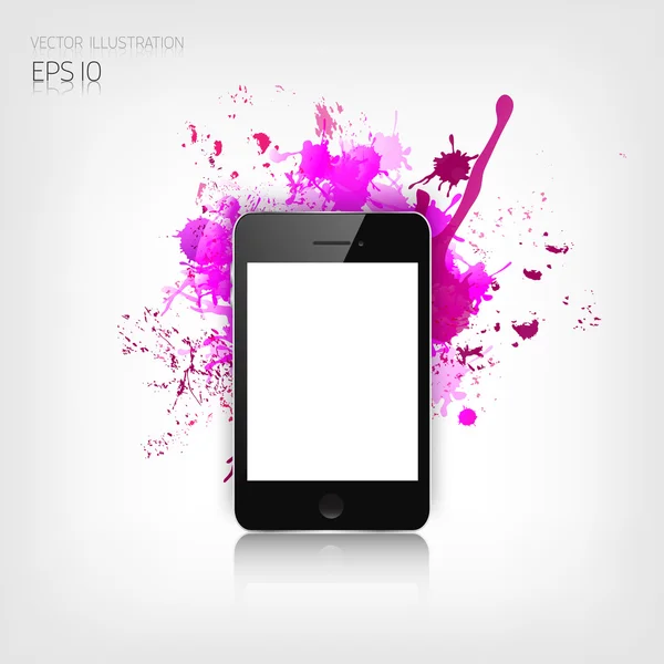 Smartphone plano detalizado realista con splaches abstractos . — Vector de stock