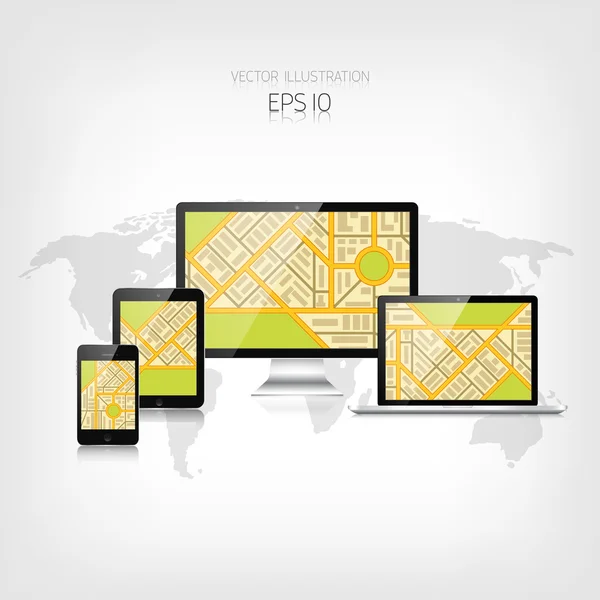 Fondo de navegación con monitor, portátil, tableta, smartphone y mapa.Diseño web sensible. Interfaz de usuario adaptable . — Vector de stock