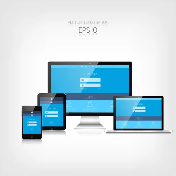 Responsieve webdesign. Adaptieve gebruikersinterface. Digitale devises. Laptop, Tablet PC, monitor, smartphone. Website sjabloon concept. — Stockvector