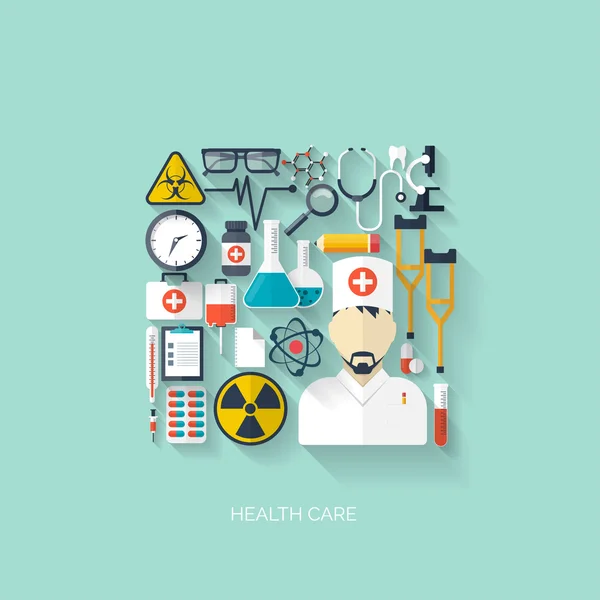 Flat health care and medical research background. Healthcare system concept. Medicine and chemical engineering.  First aid and diagnostic equipment. — Stock Vector