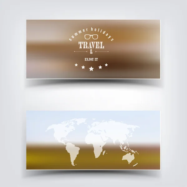Blurred landscape background card. Travel concept with eart map. Mobile or web ui element. Web site header. — Stock Vector