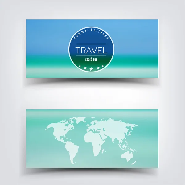 Blurred landscape background card. Travel concept with eart map. Mobile or web ui element. Web site header. — Stock Vector