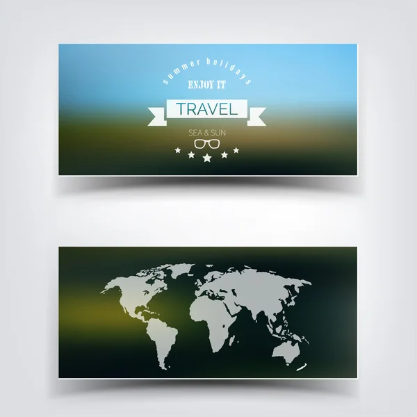 Blurred landscape background card. Travel concept with eart map. Mobile or web ui element. Web site header. — Stock Vector