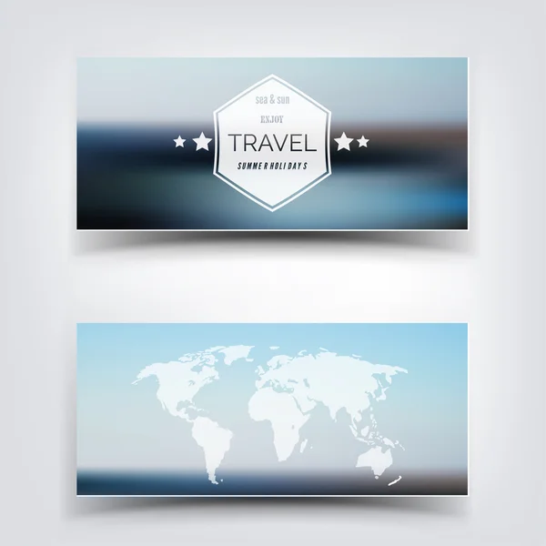 Blurred landscape background card. Travel concept with eart map. Mobile or web ui element. Web site header. — Stock Vector