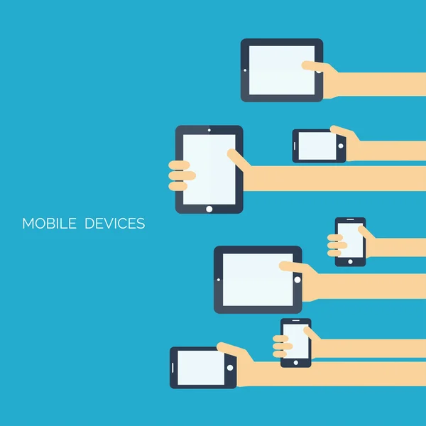 Tablet e smartphone em mãos humanas.Concepção de comunicação global. . — Vetor de Stock