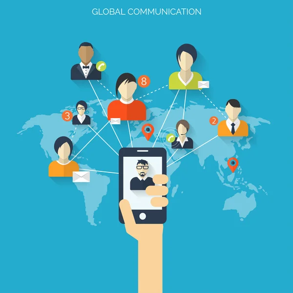 Düz sosyal medya ve ağ kavramı. Küresel iletişim. Web sitesi profil avatarları. İnsanlar arasındaki bağlantı. Sohbet — Stok Vektör