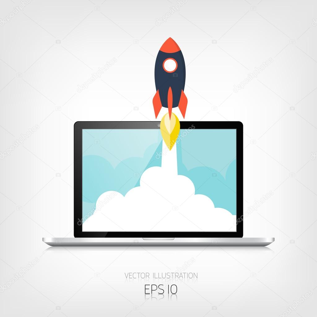Flat rocket icon. Startup concept. Project development. Realistic laptop.