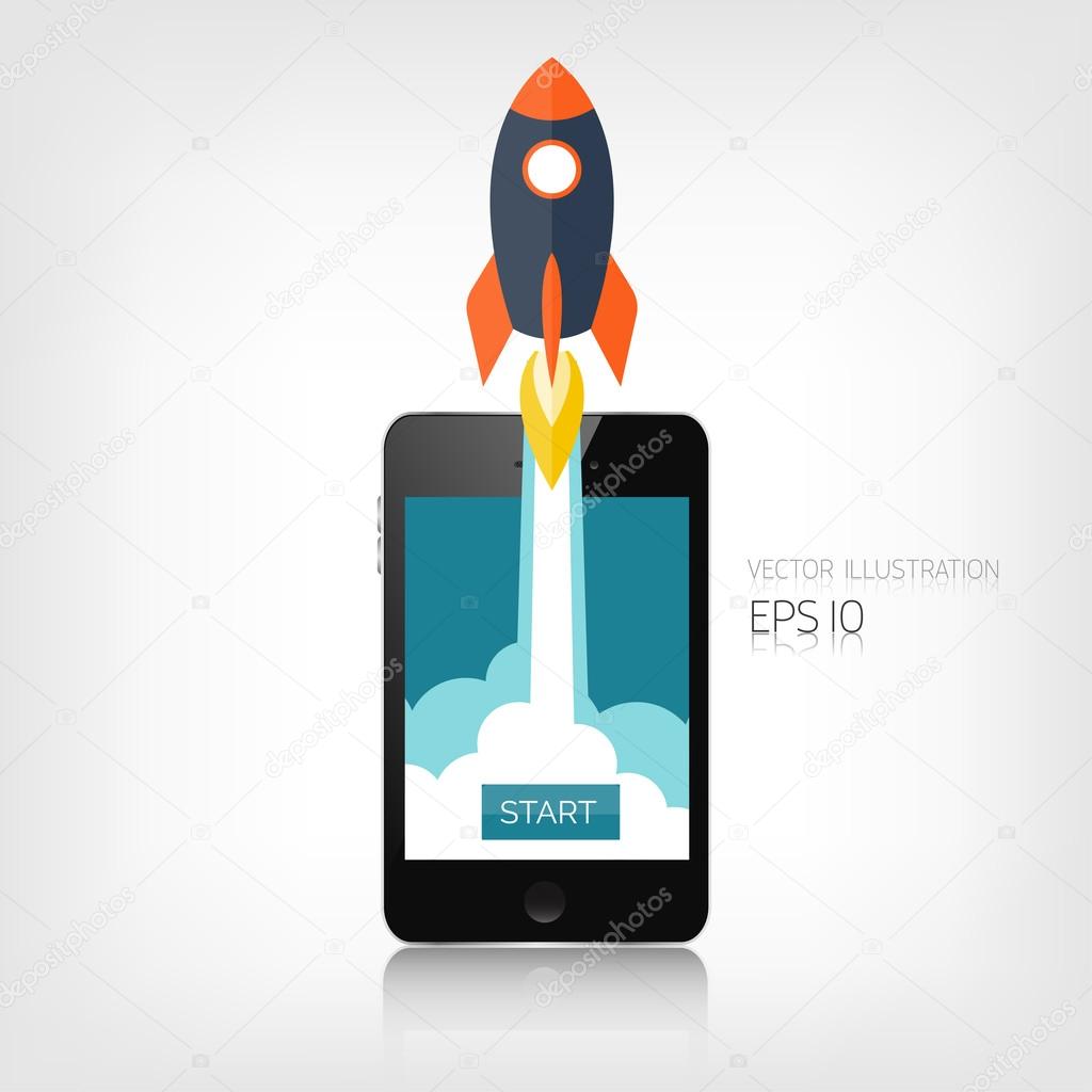 Flat rocket icon. Startup concept. Project development. Realistic smartphone.