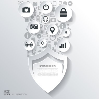 Koruma kalkan kutsal kişilerin resmi. Düz arka plan web simgeleri ile. Sembolleri arabirim. Bulut bilgisayar. Mobil cihazlar. İş kavramı.