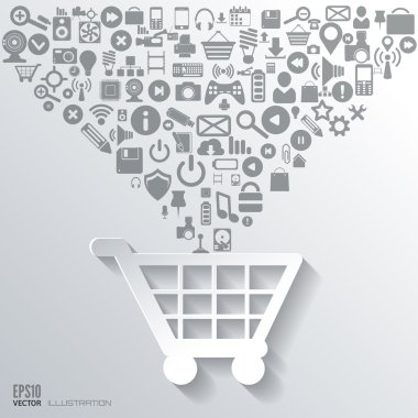 Alışveriş çantası simgesi. Düz arka plan web simgeleri ile. Sembolleri arabirim. Bulut bilgisayar. Mobil cihazlar. İş kavramı.