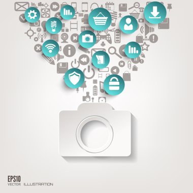 Photocamera simgesi. Düz arka plan web simgeleri ile. Sembolleri arabirim. Bulut bilgisayar. Mobil cihazlar. İş kavramı.