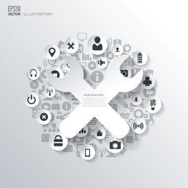 Ayarları, onarım simgesi. Düz arka plan web simgeleri ile. Sembolleri arabirim. Bulut bilgisayar. Mobil cihazlar. İş kavramı.