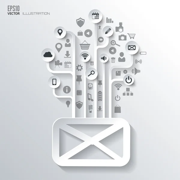 Nachricht, SMS, E-Mail-Symbol. Symbolbaum. flacher abstrakter Hintergrund mit Web-Icons. Schnittstellen-Symbole. Cloud Computing. mobile Geräte. Geschäftskonzept. — Stockvektor