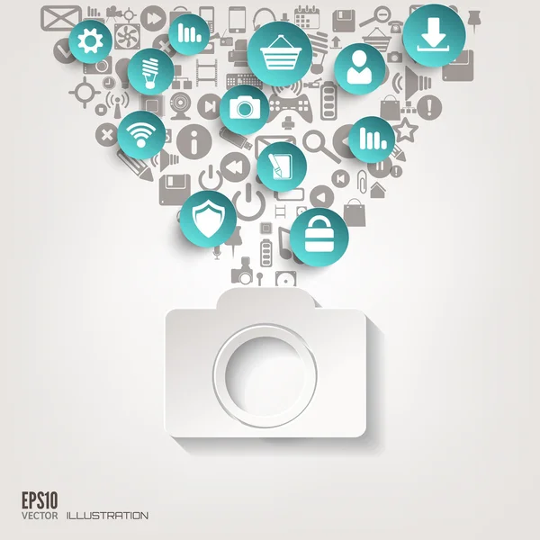 Fotocamera pictogram. Plat abstracte achtergrond met web pictogrammen. Interface symbolen. Cloud computing. Mobiele apparaten. Bedrijfsconcept. — Stockvector