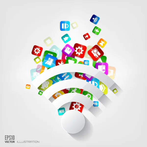 Wi-fi ikona. Przycisk aplikacji. Mediów społecznych. Przetwarzanie w chmurze. — Wektor stockowy
