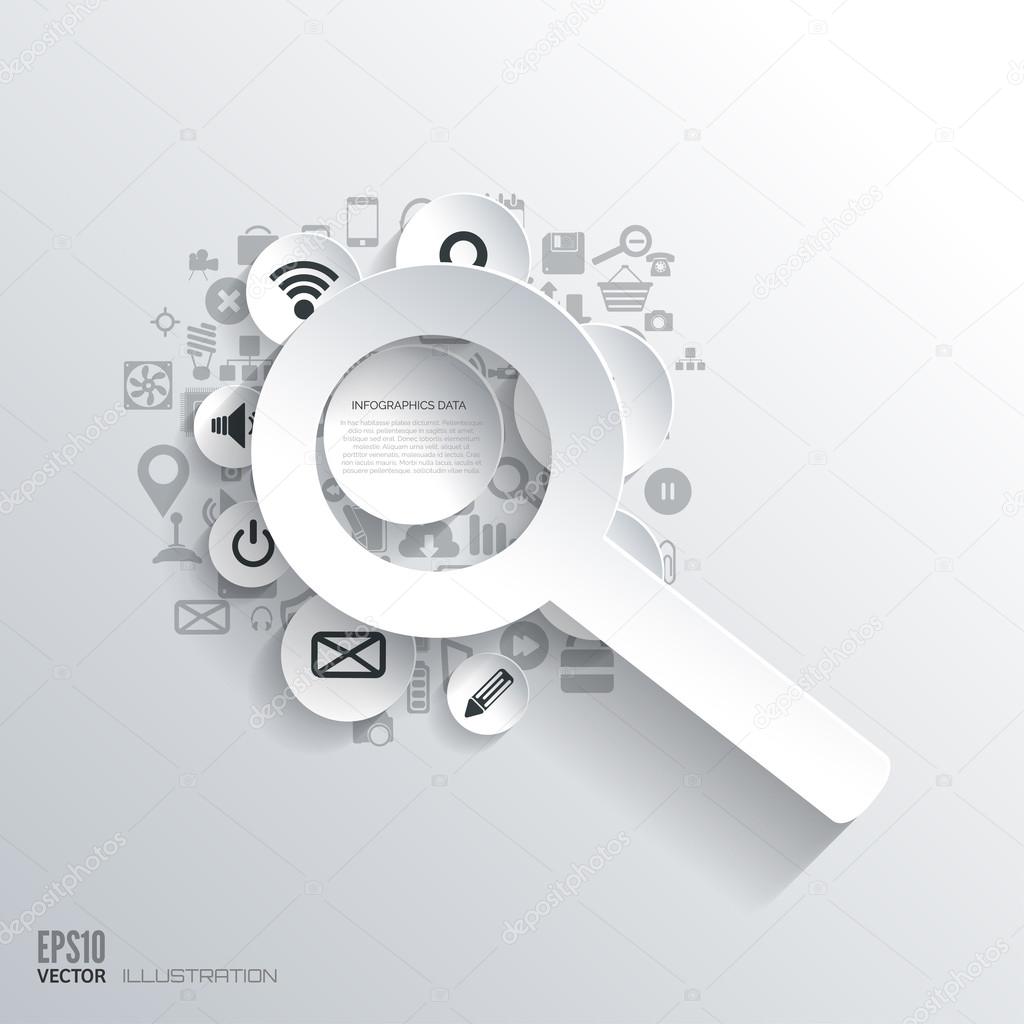 Zoom in, loupe icon. Flat abstract background with web icons. Interface symbols. Cloud computing. Mobile devices.Business concept.