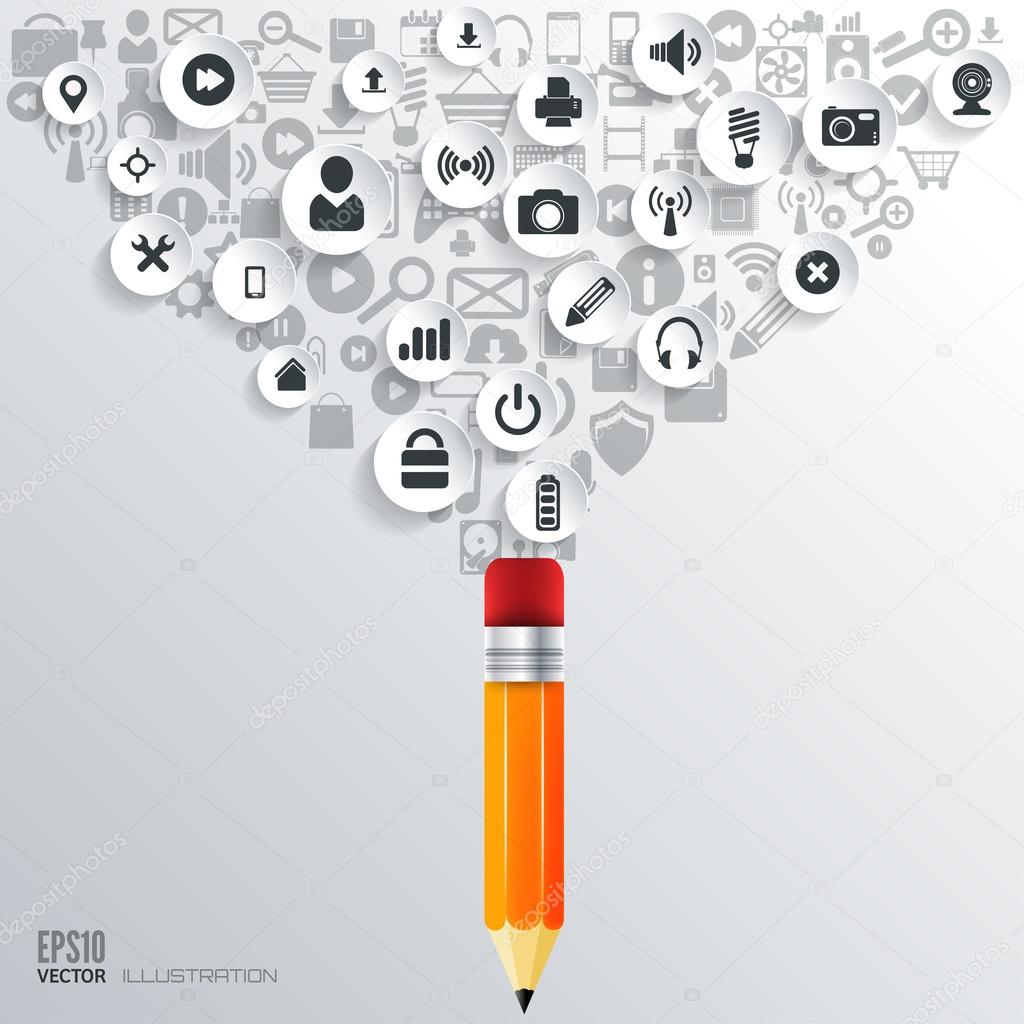 Pencil icon. Flat abstract background with web icons. Interface symbols. Cloud computing. Mobile devices.Business concept.