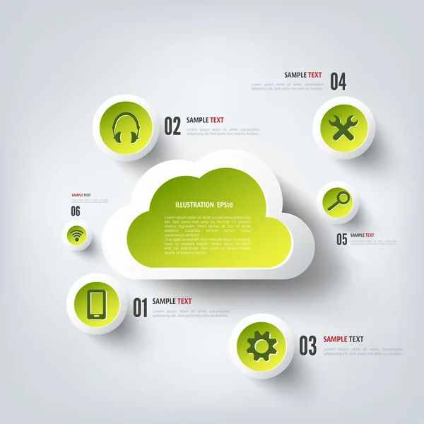 Cloud computing achtergrond met web pictogrammen. Sociaal netwerk. Mobiele app. — Stockvector