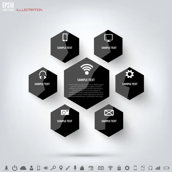 Fondo de computación en nube negra con iconos web. Red social. Aplicación móvil. Elementos infográficos . — Vector de stock