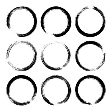 Grunge daireleri, fırça darbeleri, çizgiler, mürekkep lekeleri, elle çizilmiş karalama şekilleri. El yapımı kabataslak izler, akrilik lekeler, kömür çizgileri. Boya dokuları, kuru fırça etkisi. Vektör illüstrasyonu.