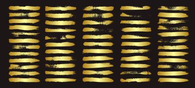 Altın fırça darbeleri, çizgiler, mürekkep lekeleri, elle çizilmiş karalama şekilleri. El yapımı kabataslak izler, akrilik lekeler, kömür çizgileri. Boya dokuları, kuru fırça etkisi. İşaret altı çizili. Vektör illüstrasyonu.