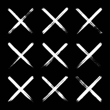 Grunge haçları, fırça darbeleri, x işareti, çizgiler, mürekkep lekeleri, elle çizilmiş karalama şekilleri. El yapımı kabataslak izler, akrilik lekeler, kömür çizgileri. Boya dokuları, kuru fırça etkisi. Vektör illüstrasyonu.