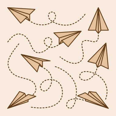 Şeffaf arka planda el yapımı gerçekçi kağıt uçaklar koleksiyonu. Origami uçağı düz stil. Vektör illüstrasyonu