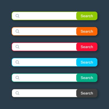 Various search bar templates. Internet browser engine with search box, address bar and text field. UI design, website interface element with web icons and push button. Vector illustration.