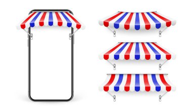 Akıllı telefon, dükkan güneşliği, metal montaj, internet alışverişi. Gerçekçi çizgili kafe güneşliği. Açık hava çadırı. Çatısı Fransız bayrağı renginde. Summer Caddesi Mağazası. Vektör illüstrasyonu.