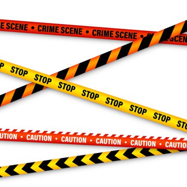 İnşaat bandı barikatı. Renkli polis uyarı hattı, parlak renkli tehlike ya da tehlikeli şerit, şerit. Yasak bölge, yasak bölge. Dikkat sembolü. Vektör illüstrasyonu.