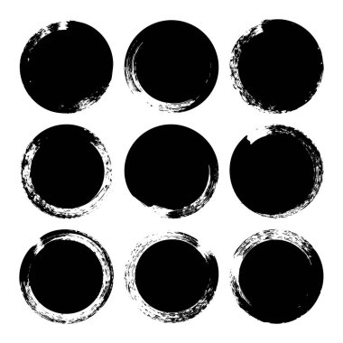 Grunge daireleri, fırça darbeleri, çizgiler, mürekkep lekeleri, elle çizilmiş karalama şekilleri. El yapımı kabataslak izler, akrilik lekeler, kömür çizgileri. Boya dokuları, kuru fırça etkisi. Vektör illüstrasyonu.
