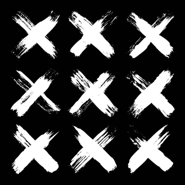 Grunge haçları, fırça darbeleri, x işareti, çizgiler, mürekkep lekeleri, elle çizilmiş karalama şekilleri. El yapımı kabataslak izler, akrilik lekeler, kömür çizgileri. Boya dokuları, kuru fırça etkisi. Vektör illüstrasyonu.