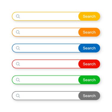 Various search bar templates. Internet browser engine with search box, address bar and text field. UI design, website interface element with web icons and push button. Vector illustration.