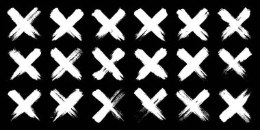 Grunge haçları, fırça darbeleri, x işareti, çizgiler, mürekkep lekeleri, elle çizilmiş karalama şekilleri. El yapımı kabataslak izler, akrilik lekeler, kömür çizgileri. Boya dokuları, kuru fırça etkisi. Vektör illüstrasyonu.