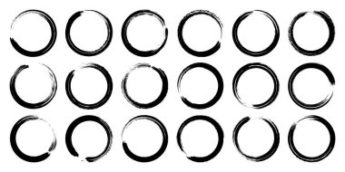 Grunge daireleri, fırça darbeleri, çizgiler, mürekkep lekeleri, elle çizilmiş karalama şekilleri. El yapımı kabataslak izler, akrilik lekeler, kömür çizgileri. Boya dokuları, kuru fırça etkisi. Vektör illüstrasyonu.