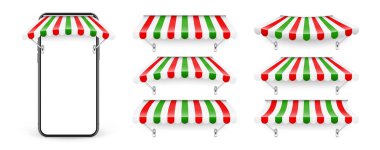 Akıllı telefon, dükkan güneşliği, metal montaj, internet alışverişi. Gerçekçi çizgili kafe güneşliği. Açık hava çadırı. Çatı, İtalyan bayrağı renginde. Summer Caddesi Mağazası. Vektör illüstrasyonu.