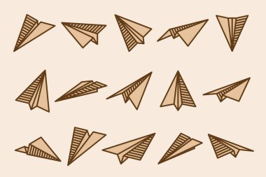 Şeffaf arka planda el yapımı gerçekçi kağıt uçaklar koleksiyonu. Origami uçağı düz stil. Vektör illüstrasyonu