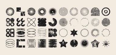 Acımasız geometrik şekiller, modern grunge sembolleri. Basit ilkel elementler ve formlar, sıkıntılı detaylar. Retro tasarım, yaş, eski moda, çağdaş minimalist tarz, y2k. Vektör illüstrasyonu.