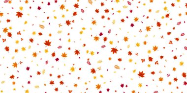 Sonbaharda uçan ve düşen yaprakların arka planında kırmızı, turuncu ve sarı renkli mevsimlik yapraklar var. Doğa temaları, mevsimlik satışlar, posterler için mükemmel. Vektör illüstrasyonu.